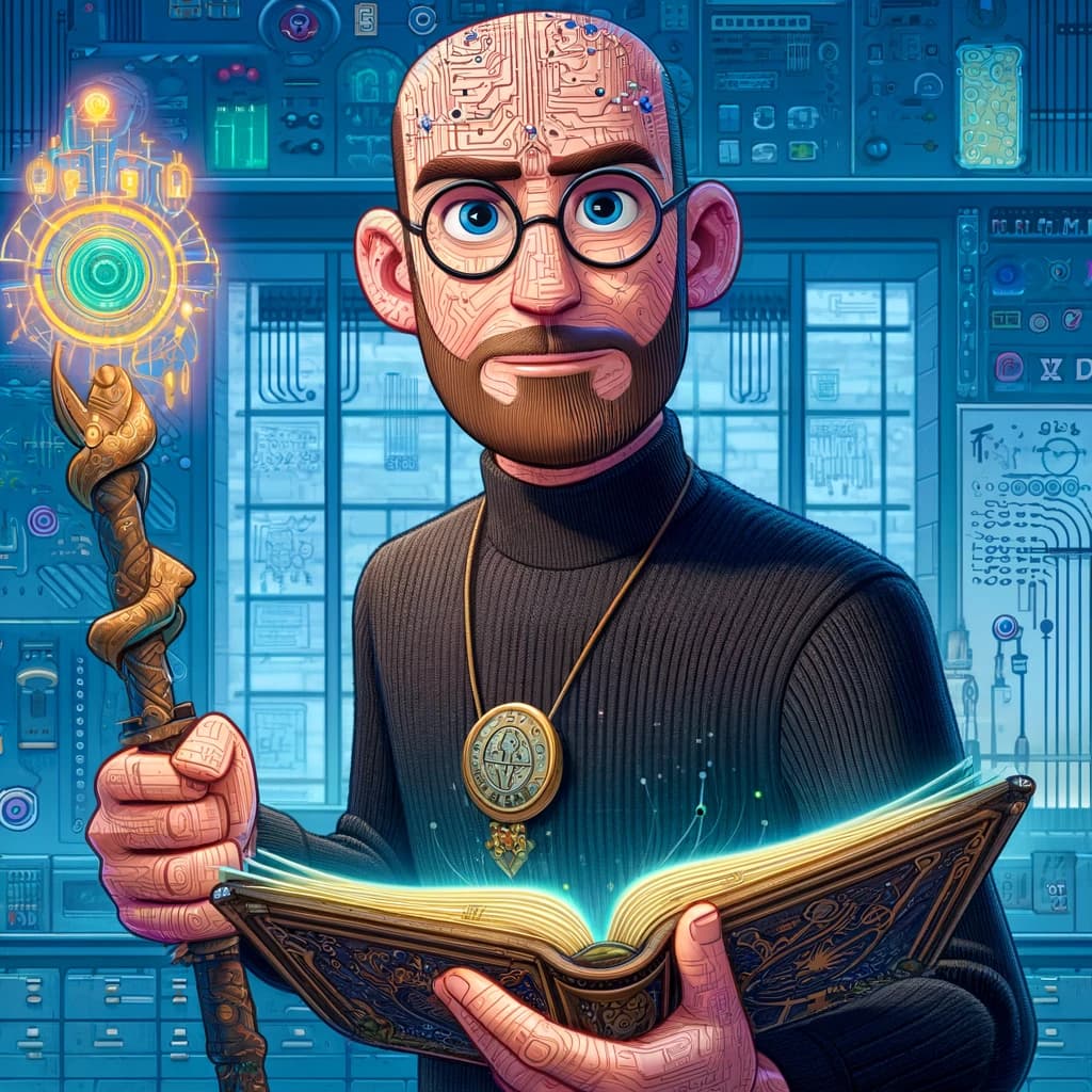 A cartoon of a scientist with a book and a staff